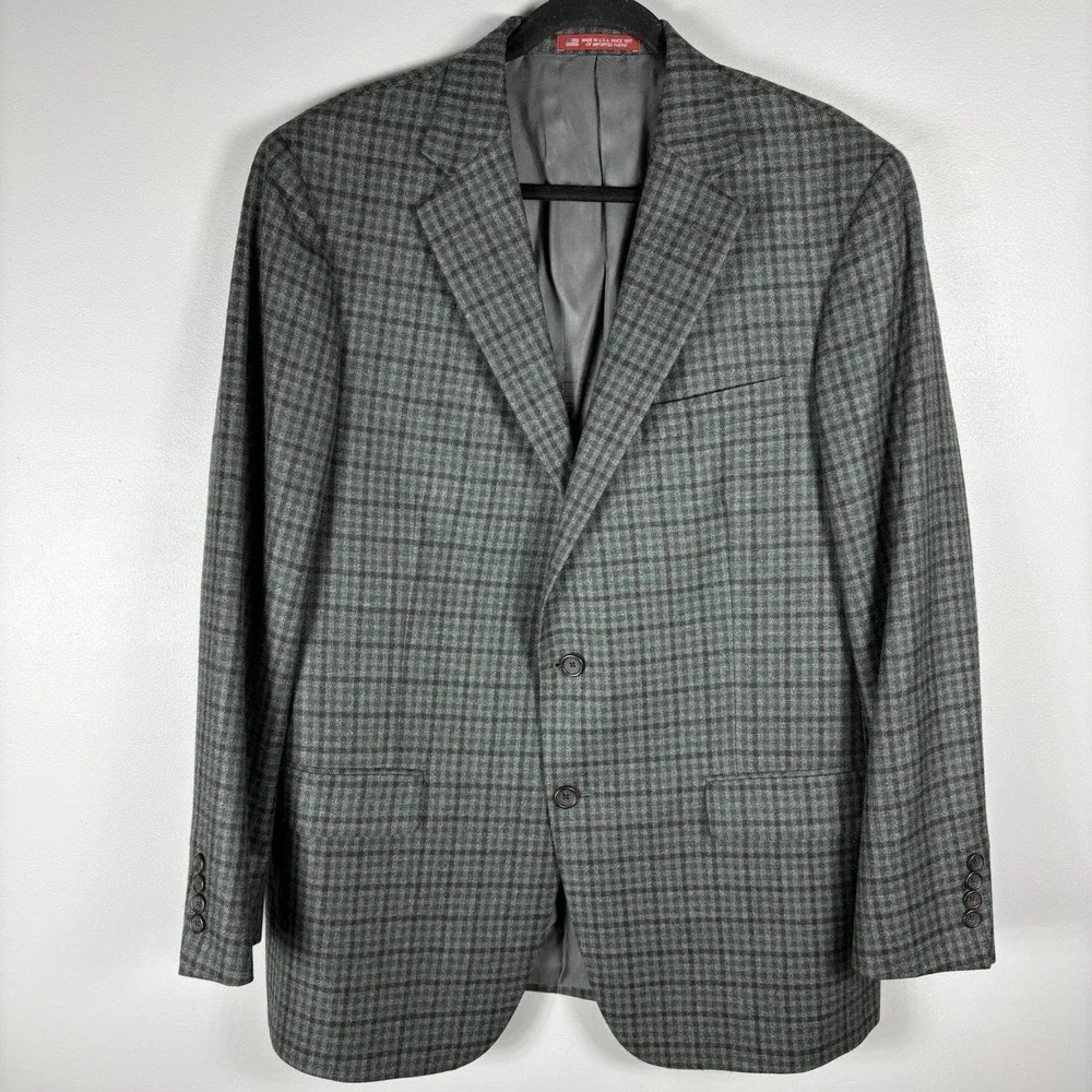 Hart Schaffner Marx Men's 44R Gray Plaid Loro‎ Piana Cashmere Two Button Blazer